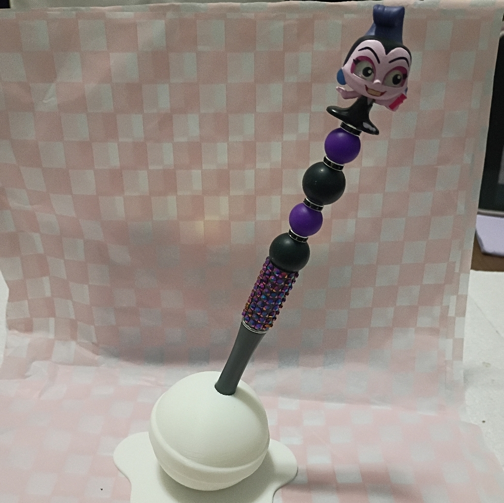 Purple and Black Beaded Character Topper Pen with White Stand